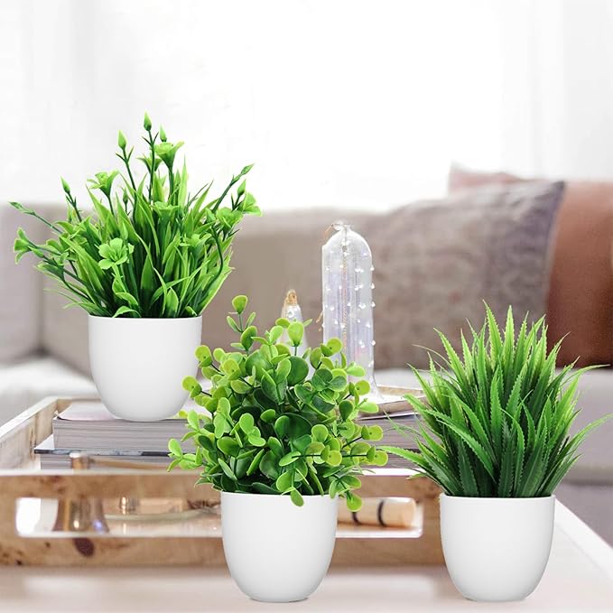 LELEE Artificial Plants Mini Fake Potted Plants, 12 pcs Small Eucalyptus Potted Faux Decorative Grass Plant with White Pot for Home Decor, Indoor, Office, Desk, Shelf, Table Decoration