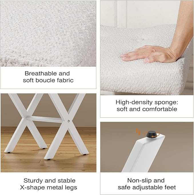 18-Inch Large Vanity Stool Chair, Vanity Bench with Metal X-Legs, Ottoman Accent Stool with Breathable and Soft Boucle Fabric Saddle Seat, White
