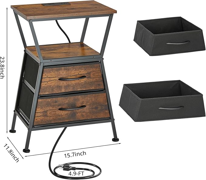 Nightstand with Charging Station, Side Tables for Bedroom with Built-in USB Side Table with 2 USB Ports and Outlets Nightstand with Cloth Drawer End Tables Living Room Sofa Couch