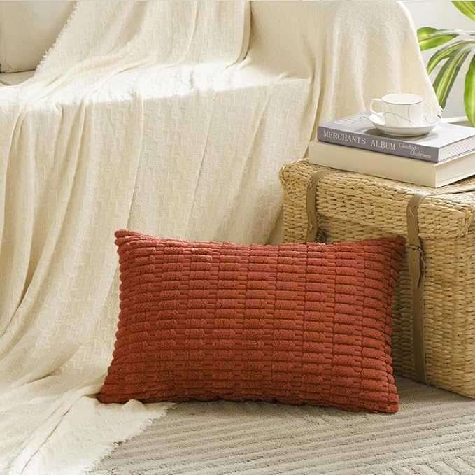 Fancy Homi 4 Packs Boho Burnt Orange Fall Decorative Throw Pillow Covers 12x20 Inch for Couch Bed Sofa, Rustic Modern Farmhouse Home Decor, Soft Plush Corduroy Cute Square Cushion Case 30x50 cm