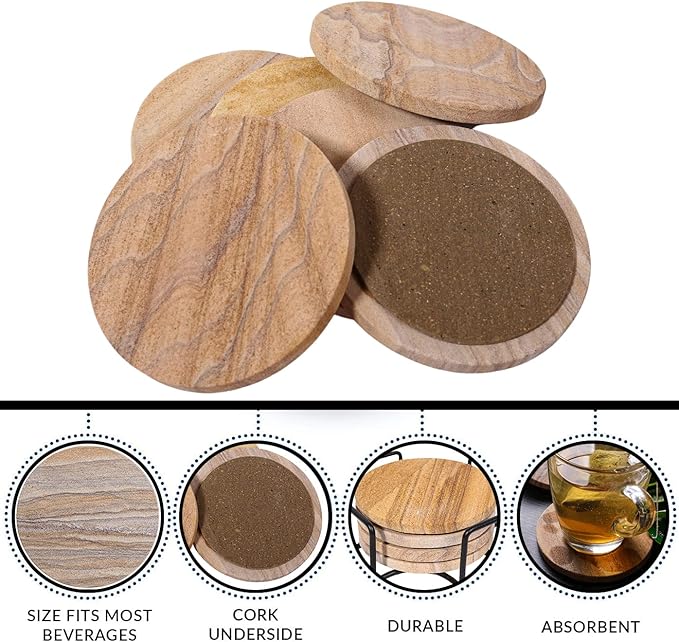 Sandstone Water Absorbent Hand Crafted Round Coasters for Drinks - 4 Inches Wide Thirsty Stone Bar/Drink Coasters- Made from Rainbow Sandstone (Set of 6 Without Holder)