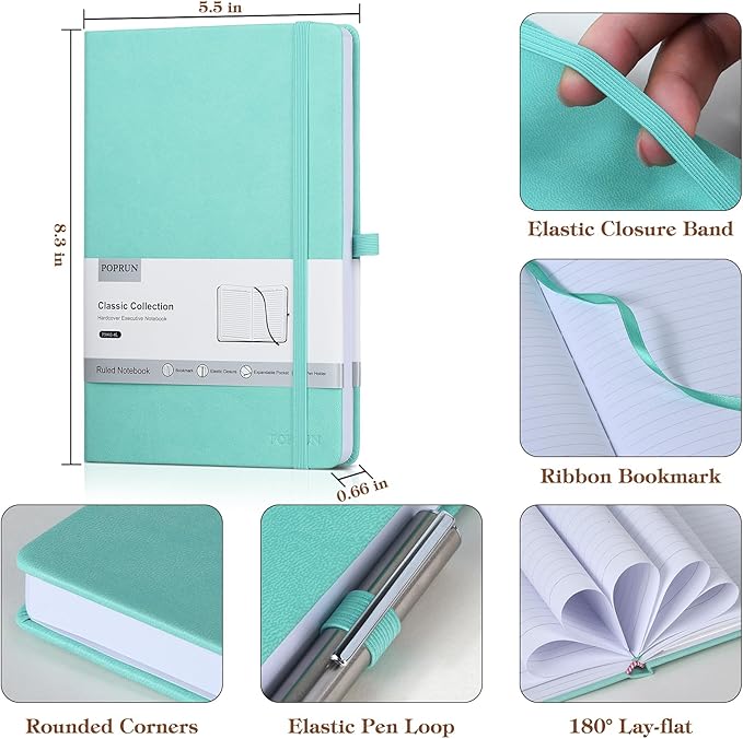 POPRUN A5 Lined Journal Notebooks, 8 Pack Leather Hardcover Thick Notebook for Writing, Business Work, Travel, School, College, 5.5 x 8.3 inch, 240 Pages Classic Ruled Journals Notepad, Multicolored