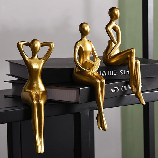 Quoowiit Gold Decor Thinker Statue Decor Book Shelf Decor, Abstract Statue Ornament Office Decor Modern Home Decor Decorations for Living Room Collectable Figurines Coffee Table Decor 3 Piece