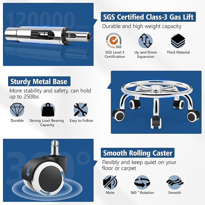 Rolling Stool with Wheels, PU Leather Small Office Chair with Foot Rest,Versatile Adjustable Swivel Stool for Tattoo Massage Salon Spa Teach Medical Facial Office Home Work Kitchen White