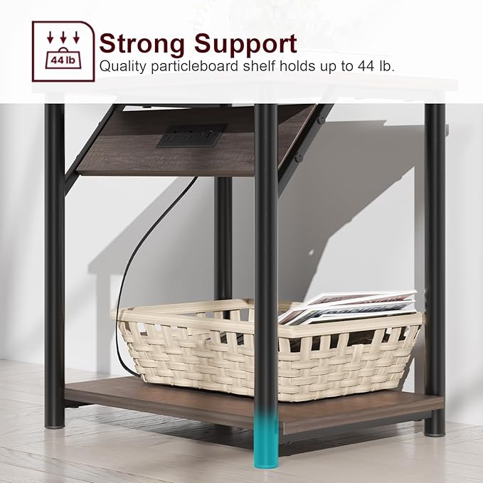 Night Stands Set of 2, Small End Tables with Charging Station, Small Side Tables for Living Room, Bedside Tables with 2-Tier Storage Shelf, Nightstand with Outlets and USB Ports, Rustic Grey/Black