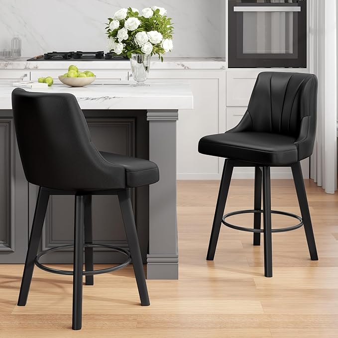 Counter Height Swivel Bar Stool, 24" Upholstered PU Leather Barstools Set of 6, Counter Stool Chairs with Back & Solid Wood Legs for Kitchen Island Dining Room (Black)