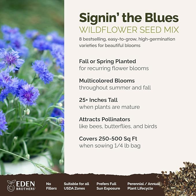 Eden Brothers Singin the Blues Wildflower Mixed Seeds for Planting, 1/4 lb, 120,000+ Seeds with Blue Flax, Lupine, Chicory, Attracts Pollinators, Plant in Spring or Fall, Zones 3, 4, 5, 6, 7, 8, 9, 10