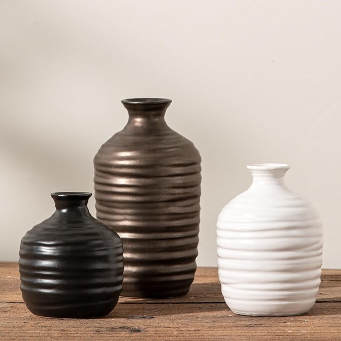Ceramic Vase Set of 3 Decorative Vase for Home Decor Modern Farmhouse Decor Pottery Neutral Vases for Living Room Bathroom Table Mantel Fireplace Entryway Shelf (02-Metallic)