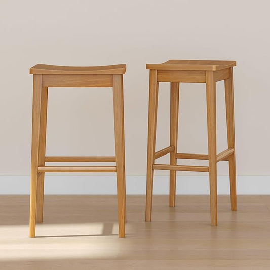 Plank+Beam Smythe Bar Stool, Set of 2, 30", Sturdy Wood Modern Kitchen Bar Height Stool, Saddle Seat Backless Bar Chair, Metal Footrest, Pecan