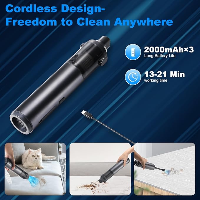 Mini Car Vacuum Cleaner, USB Charging, 4-in-1 Portable Handheld Cordless Vacuum Cleaner, 16,000pa Suction, 2 Suction Modes for Car, Home and Pet Hair
