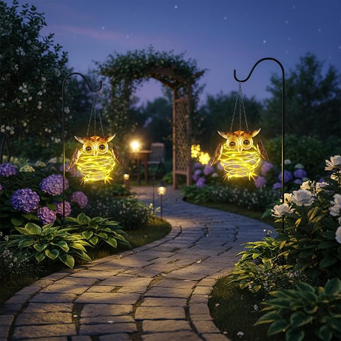 2 Pack Owl Solar Lights Outdoor Hanging Lantern with Handle, Solar Powered Owl Garden Decor for Outside Patio Yard Porch Pathway Butterfly Gifts for Women (Warm White LED Lights)