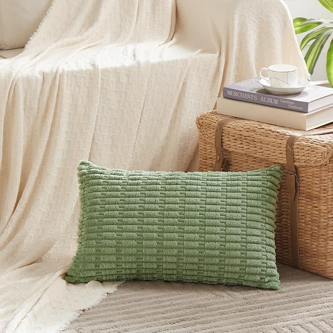 Fancy Homi 2 Packs Sage Green Lumbar Decorative Throw Pillow Covers 12x24 Inch for Living Room Couch Bed Sofa, Rustic Farmhouse Boho Home Decor, Soft Striped Corduroy Rectangle Cushion Case 30x60 cm