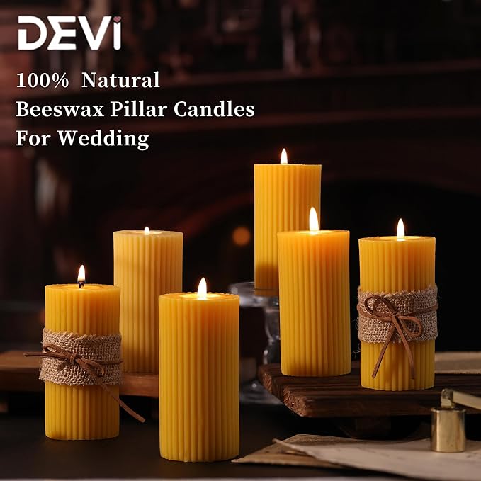 3 Pack Pure Beeswax Pillar Candles Bulk, Organic Ribbed Bees Wax Decorative Candles for Home Decor-1.96x3.85 Inch, Unscented Long Burning Natural Bees Wax Pillar Bulk Aesthetic Candles-105 Hours