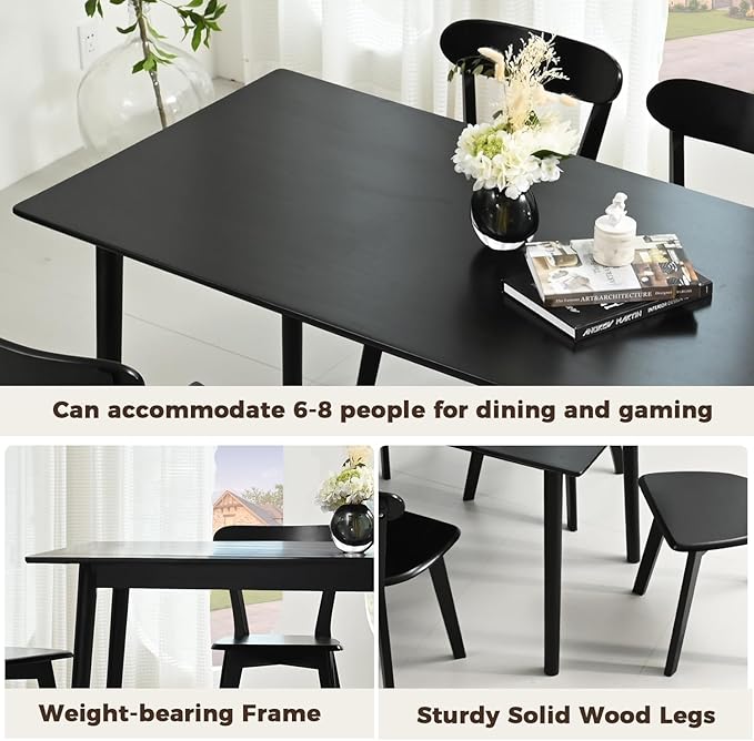 DELAVIN 59" Large Solid Wood Dining Table for 4-6 People, Mid Century Modern Oak Dining Room Table, Farmhouse Rectangular Kitchen Table for Dining Room, Living Room, Easy Assembly, Black