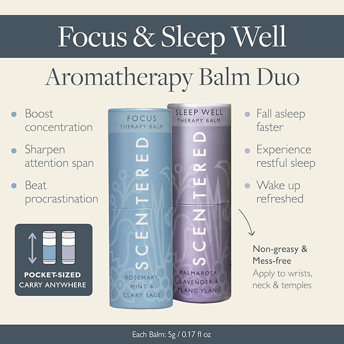 Scentered Aromatherapy Balm Stick Duo for Sleep & Focus - All Natural Sleep Balm with Lavender & Focus Aid with Rosemary - Essential Oil for Relaxation & Concentration - Aromatherapy Gifts for Women