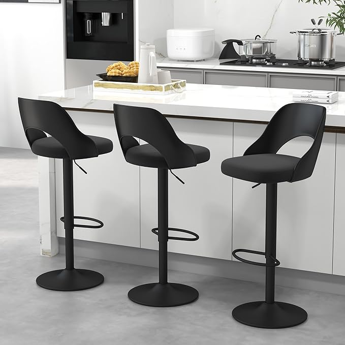 civama Bar Stools Set of 3 for Kitchen Counter, Seat Height Adjustable 25''-33'', Modern Upholstered Swivel Island Chairs with Hollow Backrest Metal Base, Black Cotton Linen Fabric with Black Base