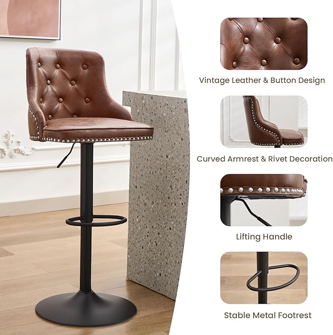 Modern Counter Stools Set of 2, Swivel Counter Height Bar Stools with Back and Armrests, 25'' to 33'' Adjustable Height PU Leather Bar Chairs with Rivets for Kitchen Island, Light Brown