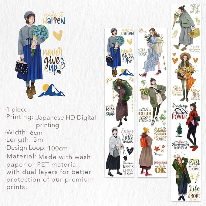 WT Fiery Dream Wide PET Tape, Single Roll, Original Fashion Girl Character Designs, Clear Decorative Tape for Journaling, Scrapbooking, Bujo Planners, DIY Crafts, Art Stationery