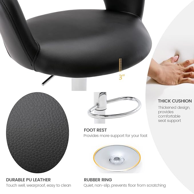 Brage Living Wide Bar Stool, Modern PU Leather Swivel Adjustable Barstool with Hollow Back and Arms, Upholstered Airlift Counter Height Bar Chair for Kitchen Dining (Black)