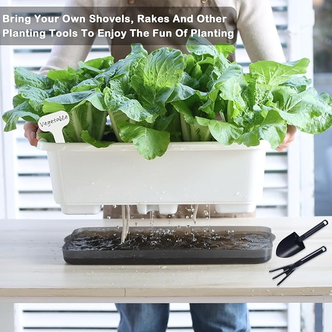 Window Box Planter 6 Pcs, 18 Inches Rectangle Flower Pots with Drainage Holes and Trays, Vegetable Planters for Windowsill Patio Garden Balcony Home Porch Yard Indoor Outdoor (White, 18*10*6 inch)