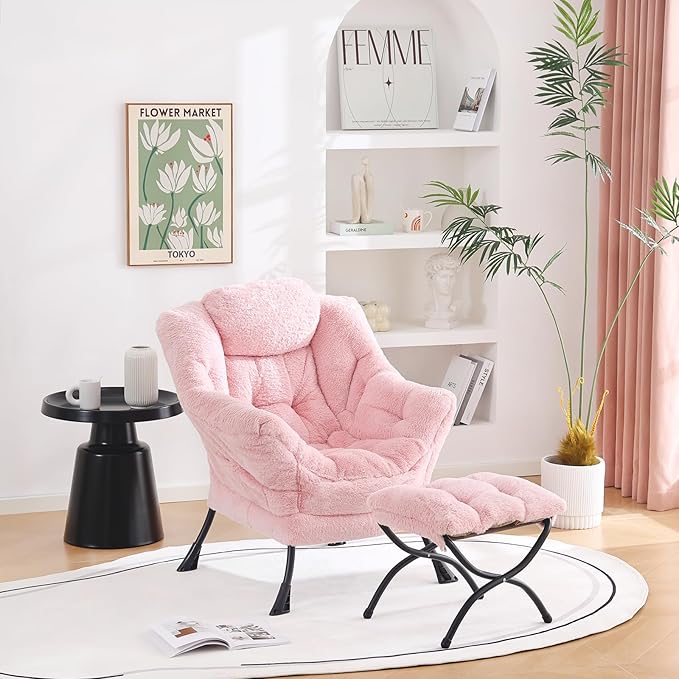 Welnow Lazy Chair with Ottoman, Modern Lounge Accent Chair with Armrests and a Side Pocket, Leisure Sofa Armchair Set, Reading Armchair with Footrest for Small Space, Plush Pink