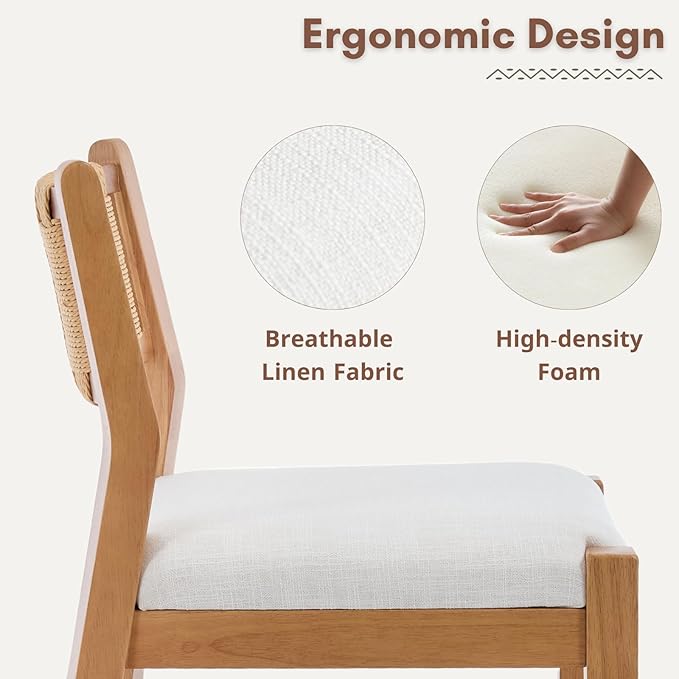 CIMOTA Rattan Counter Height Bar Stools Set of 2, 26" Farmhouse Barstools with Woven Backs, Boho Oak Wood Bar Stool Chairs Linen Upholstered Counter Stools for Kitchen Island/Counter