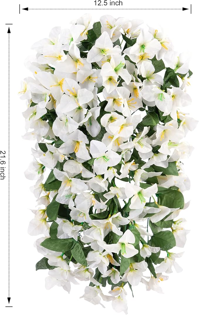 Bougainvillea Artificial Hanging Flowers Plants for Outdoors Decoration, 2pcs Fake Flowers Silk Bougainvillea Vines Realistic UV Resistant Faux Flowers for Outdoor Planters Patio Urn, White