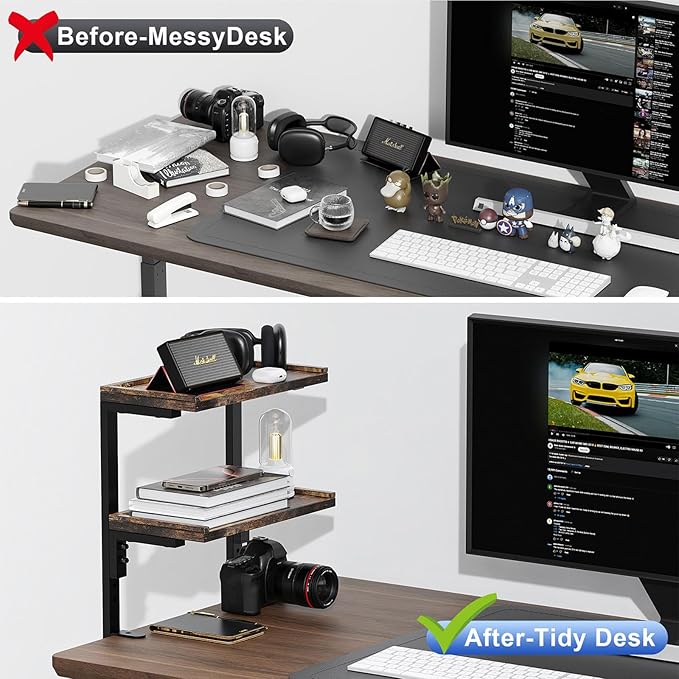 2-Tier Desk Shelf, Expandable Under Desk Storage, Clamp on Desk Shelf, Desktop Accessories for Offices, Study Rooms, and Game Rooms (Wood)