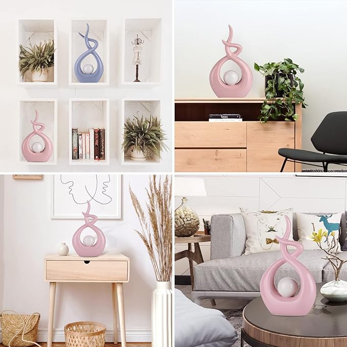 Pink White Modern Sculpture Table Decorations, Ceramic Knick Knacks Statues for Living Room Decor, Tv Stand and Desk Decor, Suitable for Coffee Tables and Shelf Decorations, Great Gift Idea