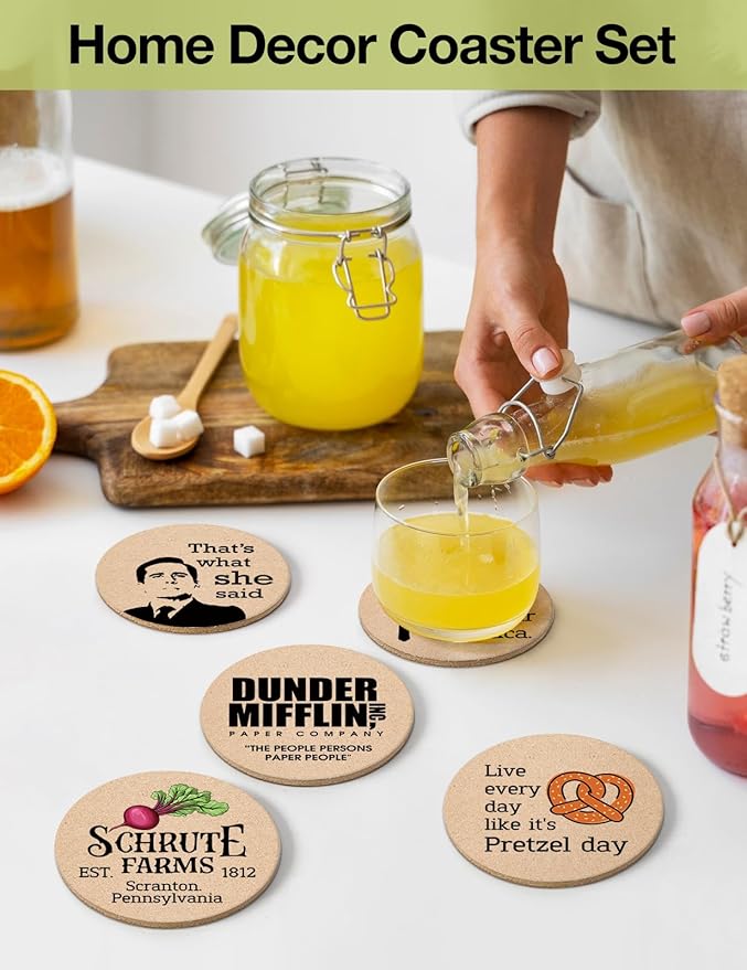 Funny The Office Coasters for Drinks - The Office Merchandise Coasters Set of 6 with Holder, The Office TV Show Gifts for Coffee Table, The Office Gifts for Man Women Fans