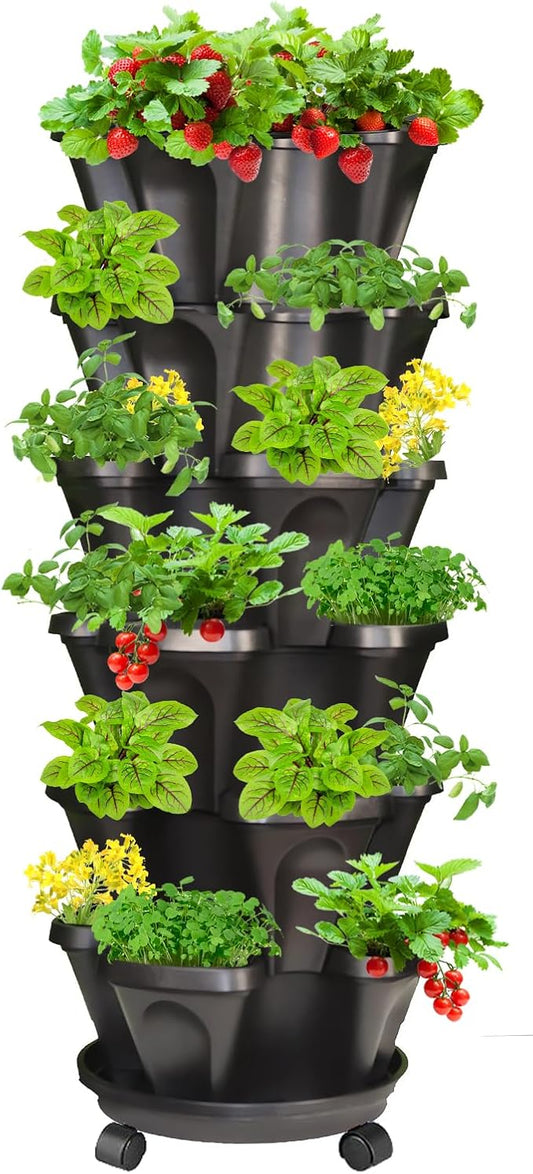 Strawberry Vertical Planter, Stacking Garden Tower, 6 Tiered Stackable Herb Vegetable Planters with Movable Casters and Bottom Saucer Indoor and Outdoor - Black