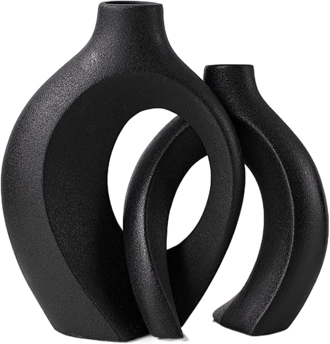 Black Hollow Ceramic Vase Set of 2, Snuggle Round Boho Donut Modern Vase Nordic Minimalist Decorative Vase for Modern Trendy Home Table Centerpiece Decor (W 6.3" X H 8")