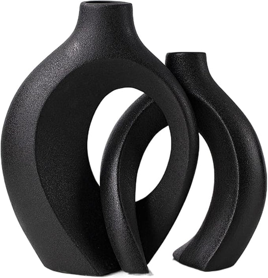 Black Hollow Ceramic Vase Set of 2, Snuggle Round Boho Donut Modern Vase Nordic Minimalist Decorative Vase for Modern Trendy Home Table Centerpiece Decor (W 6.3" X H 8")