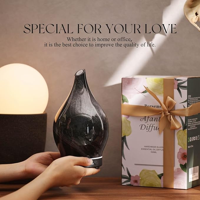 Porseme 150ml Essential Oil Diffuser Glass Color Changing Aroma Air Diffusers Aromatherapy Ultrasonic Cool Mist Humidifier 6 Running Hours Waterless Auto-Off for Sleeping Yoga Office Spa (Obsidian)