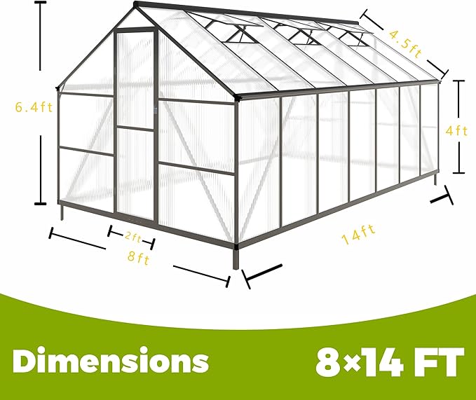 8x14 FT Greenhouses for Outdoors, Polycarbonate Greenhouse with PC Panels, Greenhouses for Outdoors for Yard, Garden, Hobby, Dark Grey