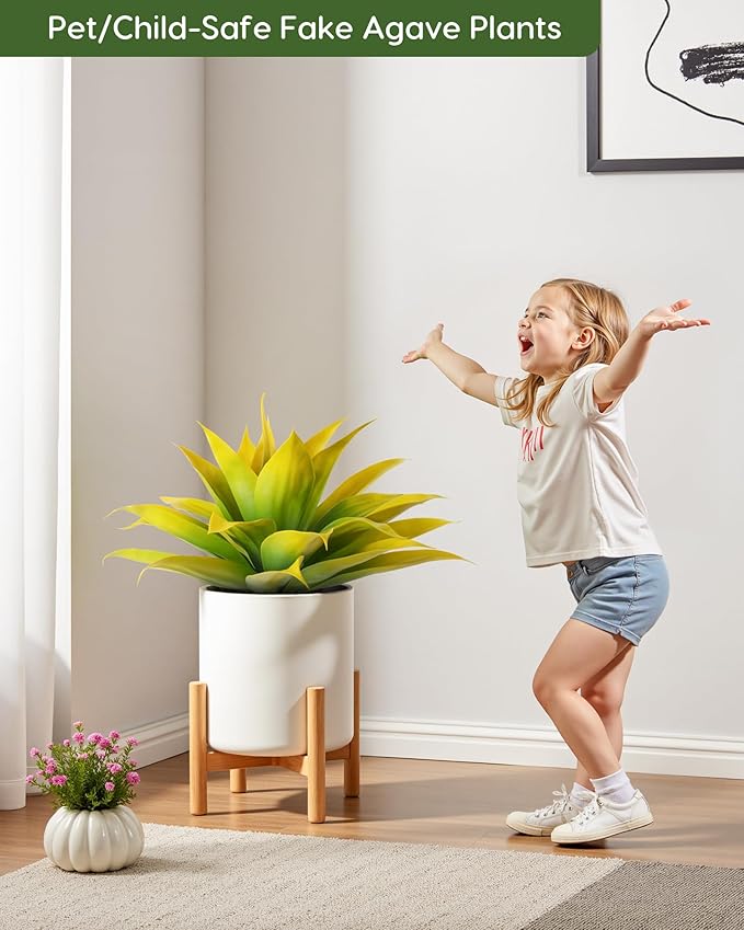 Velener Artificial Agave Plant Set, 28 Inch, Faux Aesthetic Plants for Home Decor, Realistic UV Resistant Fake Yellow Agave Plants Without Pot, Set of 2