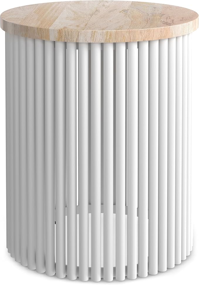 SIMPLIHOME Demy 18-inch Wide Metal and Solid Mango Accent Table in Natural/White, Round Side Table with Mango Wood Top for Living Room or Bedroom, Industrial Style, Assembled