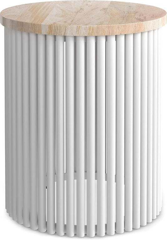 SIMPLIHOME Demy 18-inch Wide Metal and Solid Mango Accent Table in Natural/White, Round Side Table with Mango Wood Top for Living Room or Bedroom, Industrial Style, Assembled