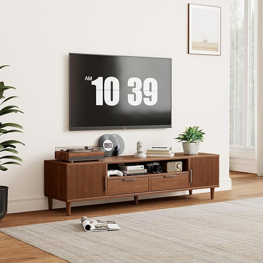 Mid Century Modern TV Stand for TVs Up to 65 in- Wooden Fluted Entertainment Center Low Profile TV Console with Cabinet, Drawers and Shelf, Media Console for Living Room