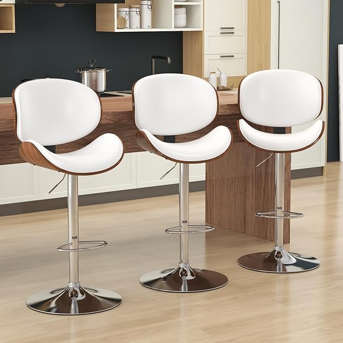 KCC Bar Stools Set of 3, Swivel Adjustable Height Barstools, PU Leather Upholstered Bar Chairs with Footrest, Bentwood Bar Stool for Kitchen, Bar, Dining Room(White PU)
