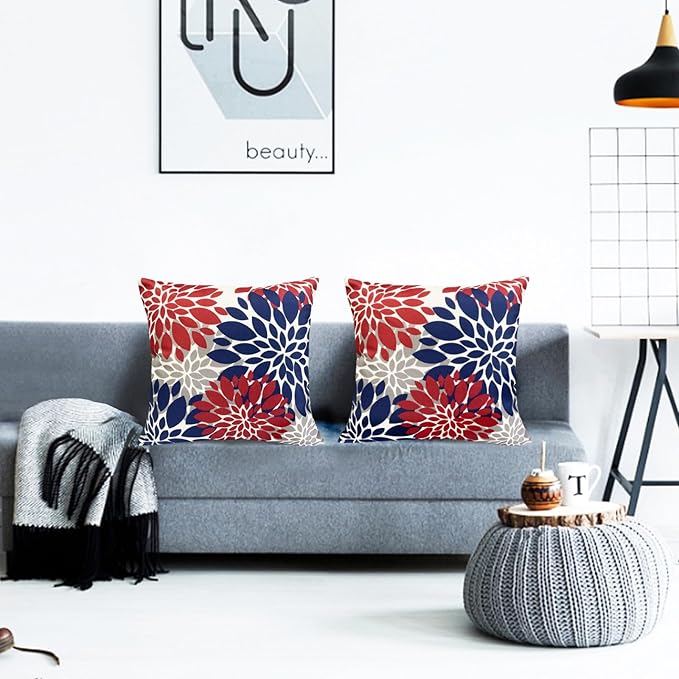 Decorative Throw Pillow Covers Set of 2 Red Blue Pillow Covers 18x18 Inch Couch Pillow Covers for Sofa Living Room Outdoor Throw Pillow Cover Linen Floral Flower Farmhouse Pillowcase
