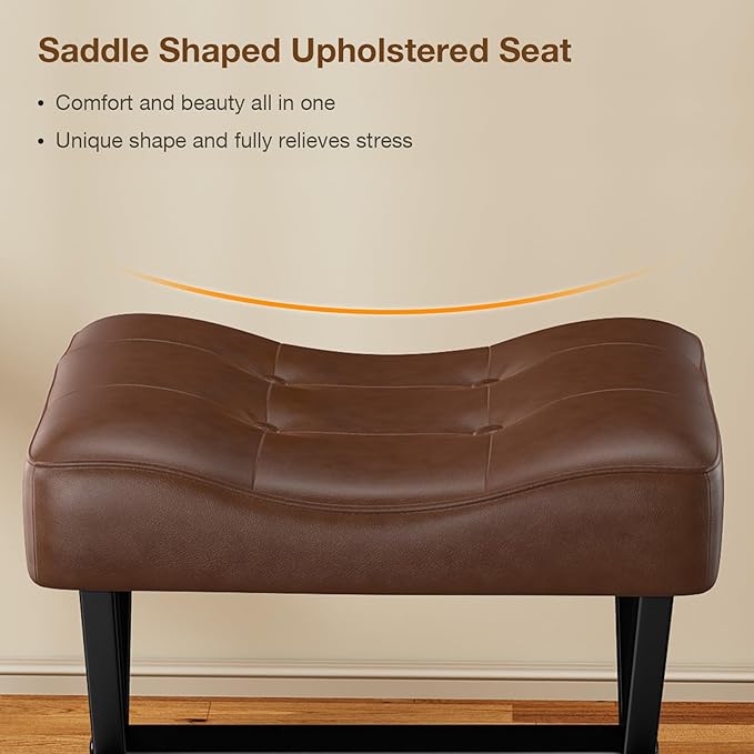 18-Inch Large Leather Vanity Stool, Vanity Chair with Metal X-Leg, Ottoman Accent Stool with Thick Padded Saddle Seat, Dark Brown