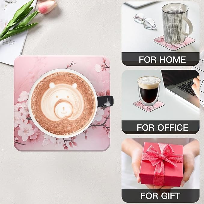Ceramic Drinking Coasters Set of 4 Square Water Absorbent Blooming Pink Cherry Blossom Flowers Ceramic Coasters Tabletop Protection (Cork Base),Suitable for Various Mugs,Home Decor，4 Inch