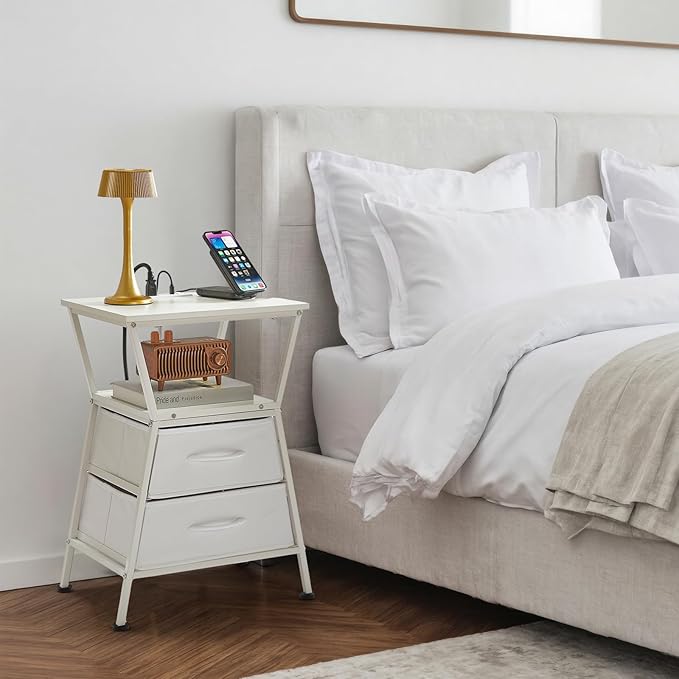 Nightstand with Charging Station, Side Tables for Bedroom with Built-in USB Side Table with 2 USB Ports and Outlets Nightstand with Cloth Drawer End Tables Living Room Sofa Couch