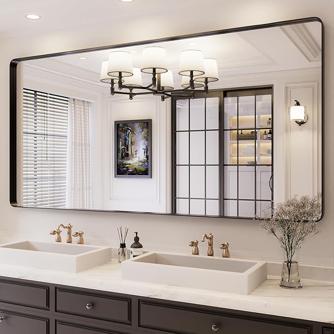 ISKM Black Framed Mirror for Wall 77"x 36", Large Bathroom Mirror Anti-Rust, Tempered Glass, Rounded Rectangle Mirror(Horizontal/Vertical)