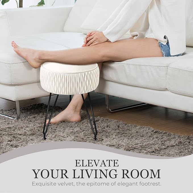 Velvet Vanity Stool Footrests, Round Ottoman Vanity Chairs with Anti-Slip Feet, Dressing Table Seat Foot Stool with Black Legs, Furry Padded Seat Side Table for Makeup Bedroom, White