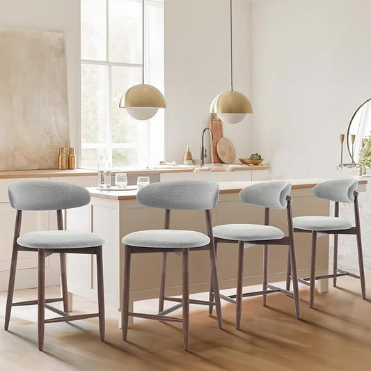 Upholstered Counter Height Bar Stools Set of 4, Kitchen Island Stools with Back, Modern Counter Stools Island Bar Chairs with Wood Legs for Kitchen Island Dining Room Bar, Light Grey