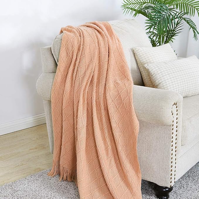 BOURINA Orange Throw Blanket 60x80 Inches Throw Textured Solid Soft Sofa Throw Couch Knitted Decorative Blanket