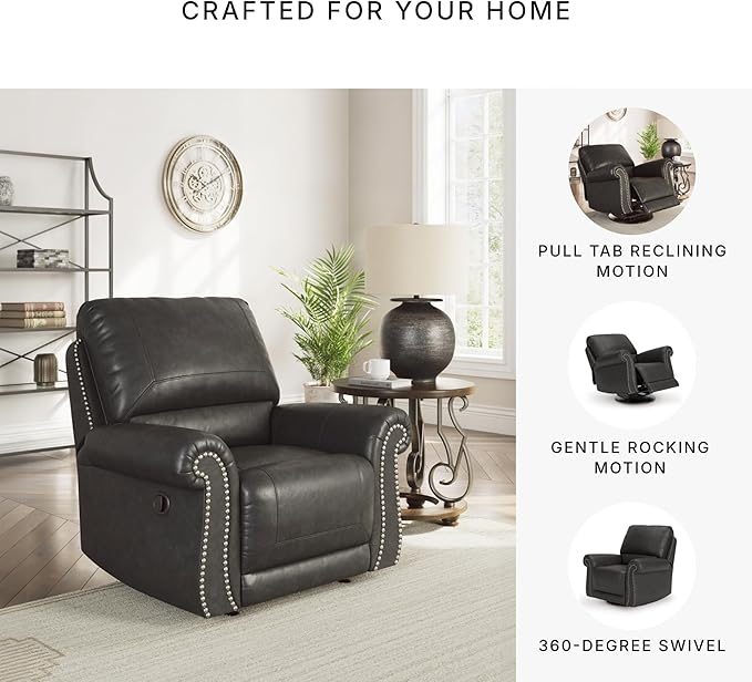 Signature Design by Ashley Chatterton Classic Faux Leather Manual Rocker Swivel Glider Recliner with Nailhead Trim, Black