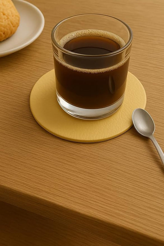 Set of 8 Morgan Faux Leather 4 Inch Round Coasters, Heat & Water Absorbent, Natural Style, Drinks Tabletop Home Dinning, Beige